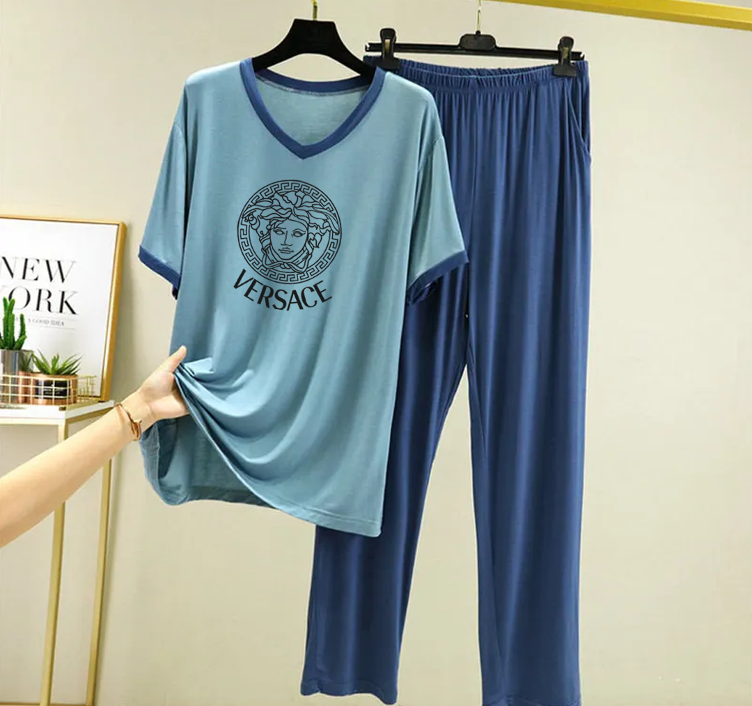 New Blue Vrsce V Neck T-Shirt with Contrast Pocket Pajama