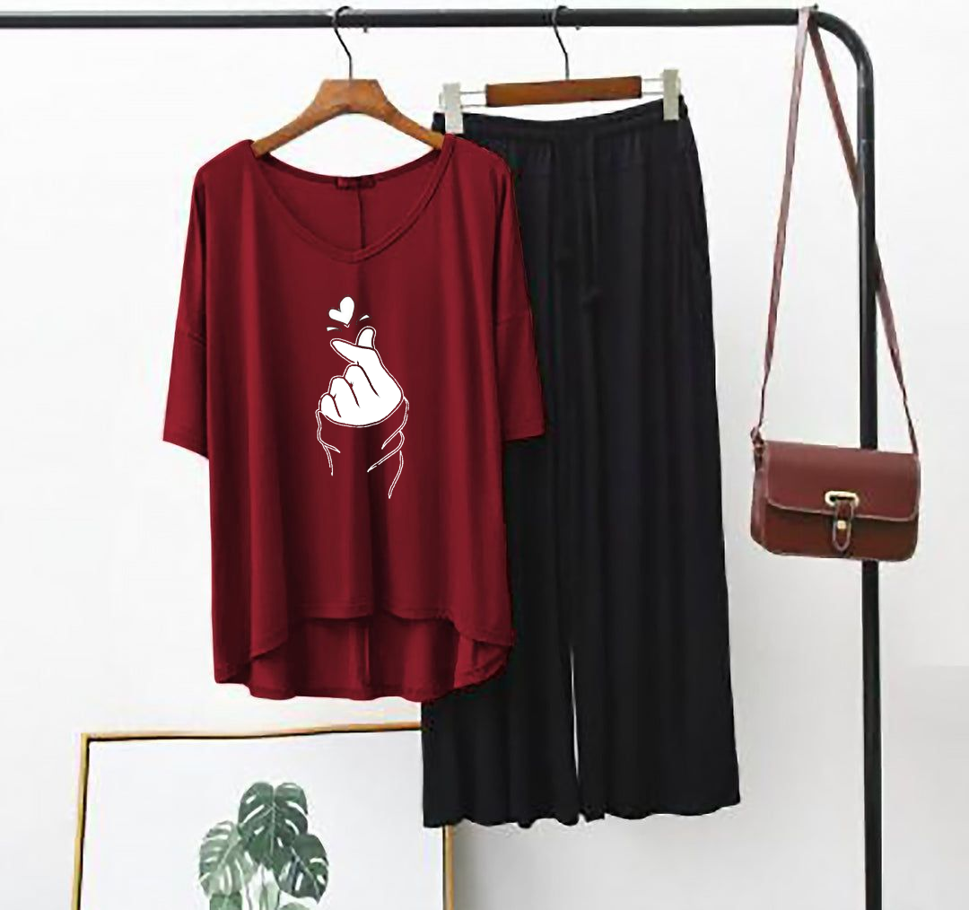 Maroon K-Pop Heart V Neck T Shirt with (Black Palazzo)