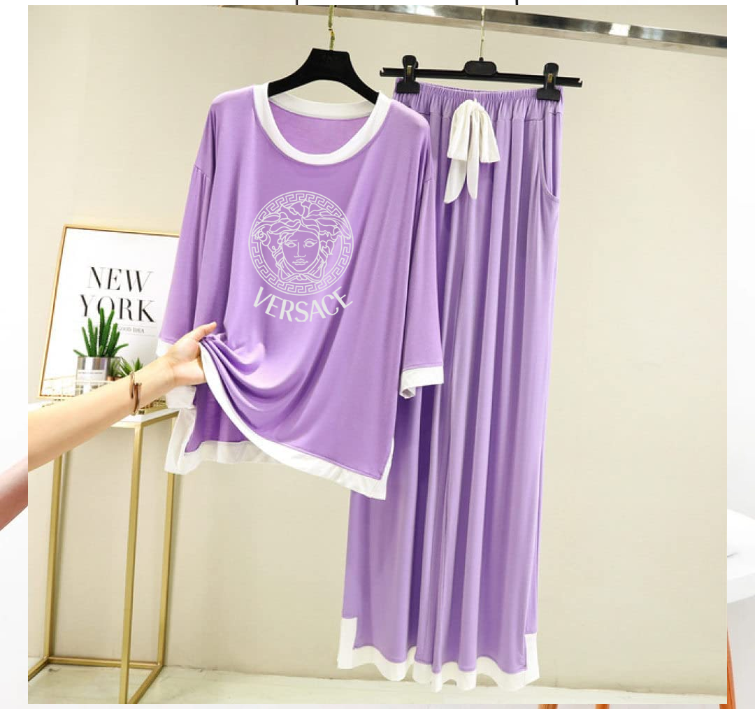 Purple Versace White Round Neck Palazzo PJ Set