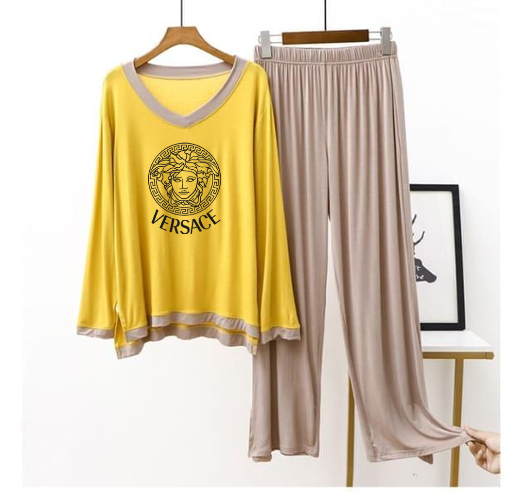 Yellow V-Neck T Shirt with Contrast Trouser PJ Set