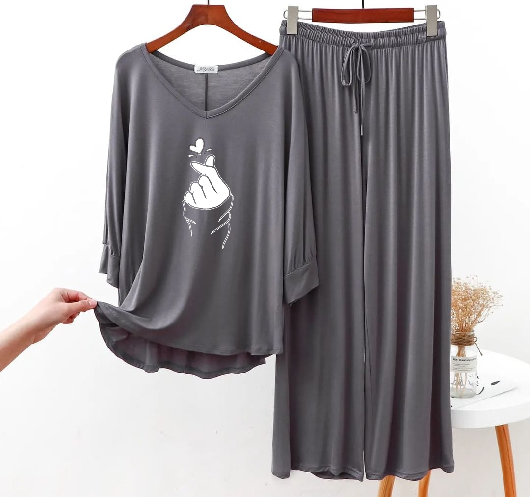 Plain Grey K-pop Round Neck Palazzo PJ Set