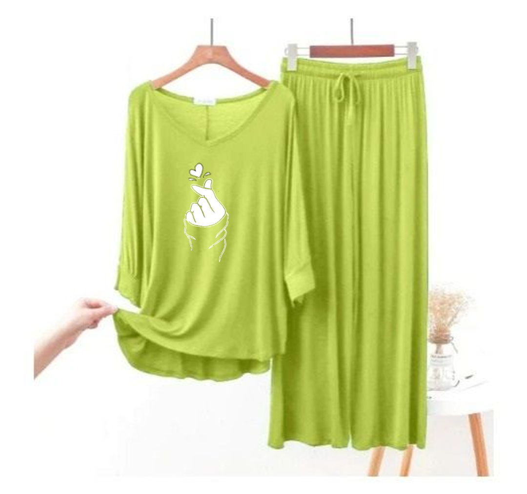 Lemon Green K-pop V-Neck Women Night Suit PJ Set