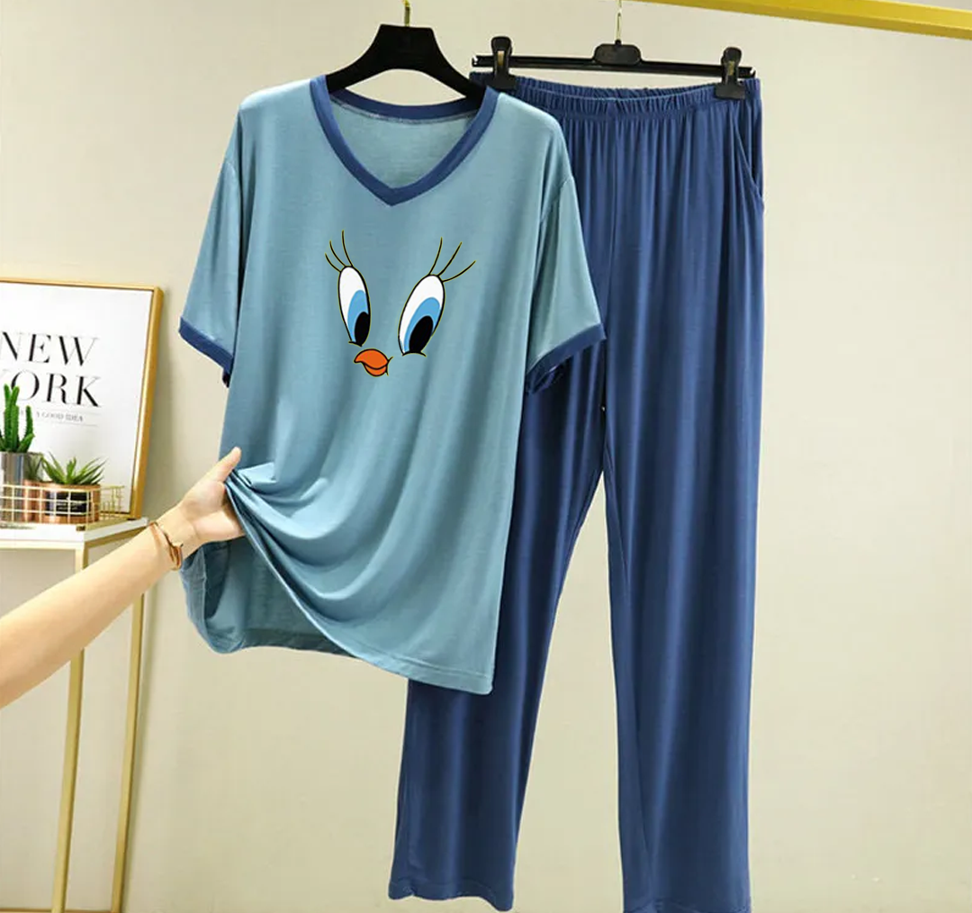 New Blue Dafy V Neck T-Shirt with Contrast Pocket Pajama