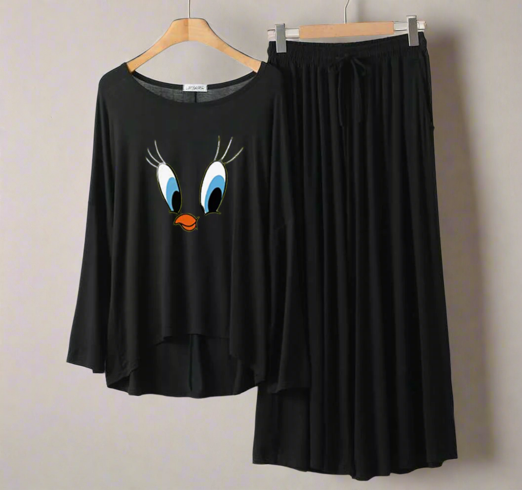 Deep Black Daffy Duck Round Neck Palazzo PJ Set