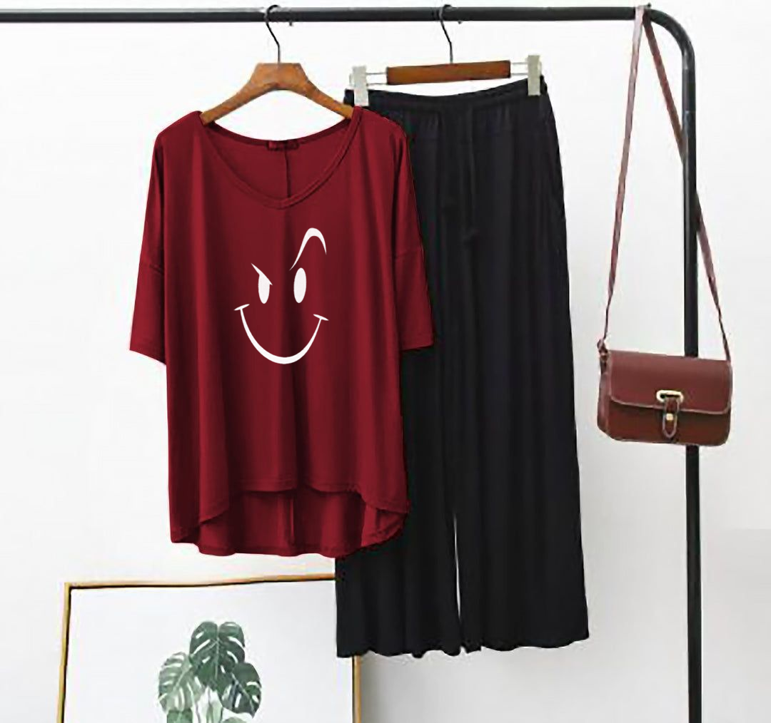 Plain Red Smiley V Neck T Shirt with Black Plazzo