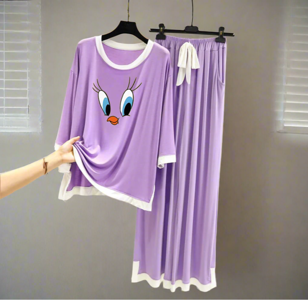 Purple Daffy Duck White Round Neck Palazzo PJ Set