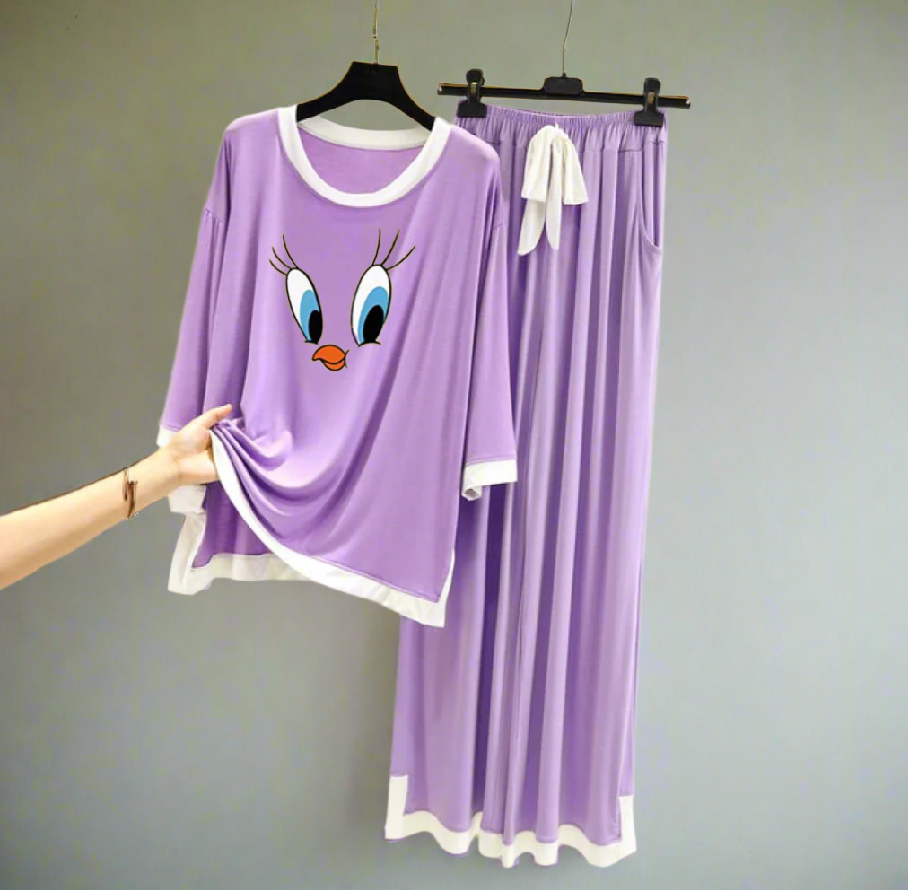 Purple Daffy Duck White Round Neck Palazzo PJ Set