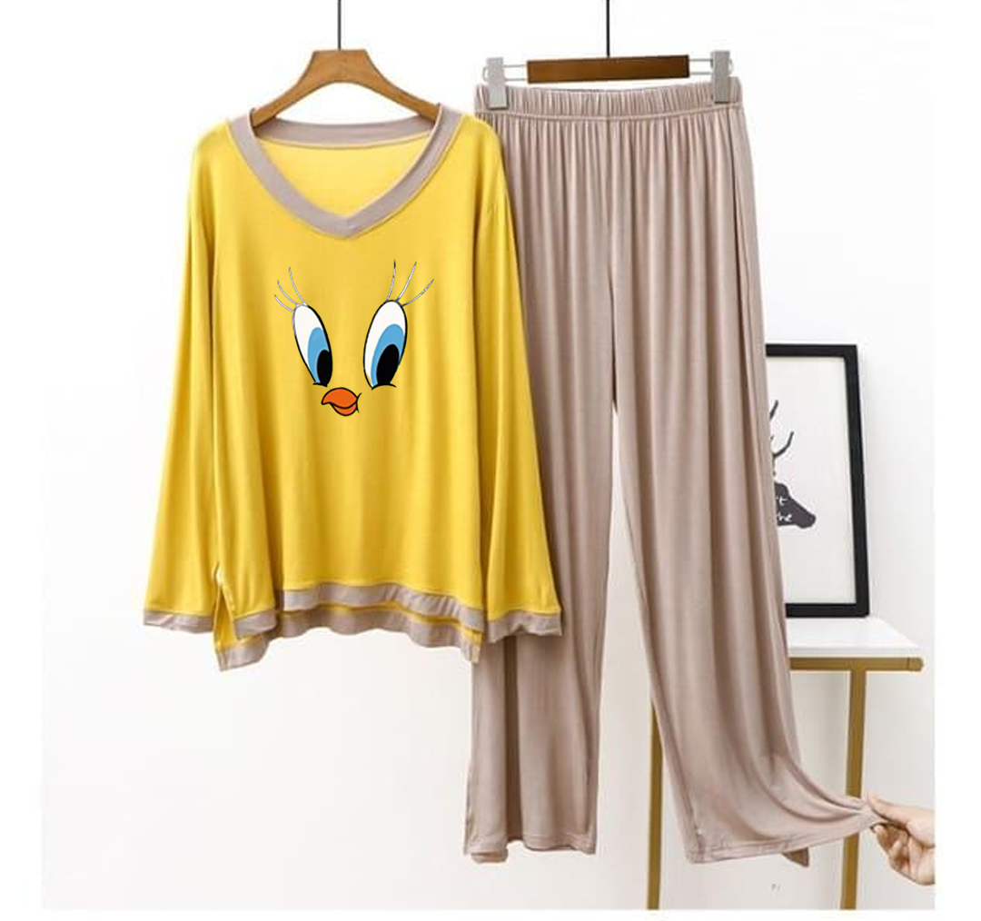 Yellow Dafy V-Neck T Shirt with Contrast Trouser PJ Set