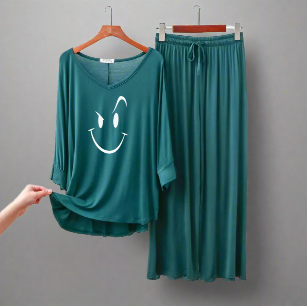 Persian Blue Smiley V-Neck Women Night Suit PJ Set