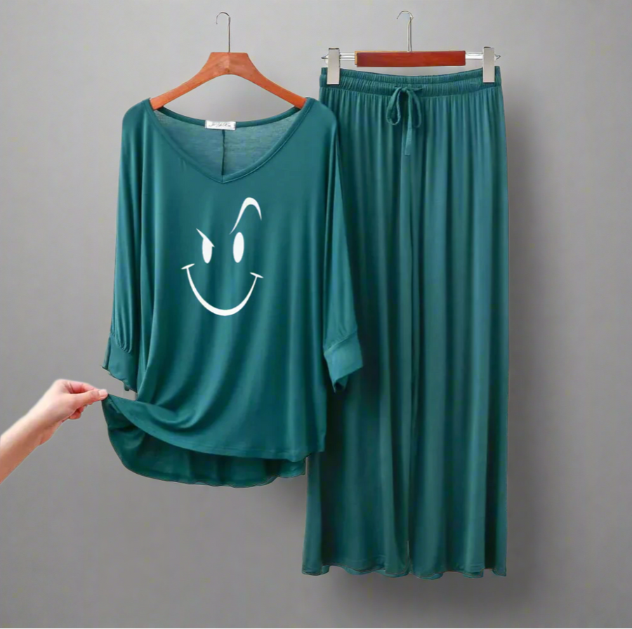 Persian Blue Smiley V-Neck Women Night Suit PJ Set