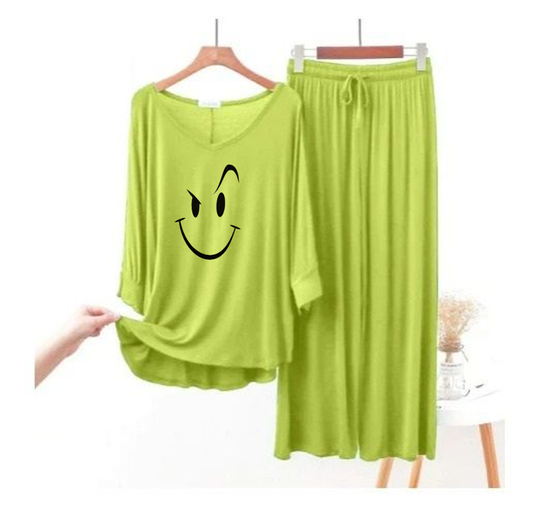 Lemon Green Smiley V-Neck Women Night Suit PJ Set