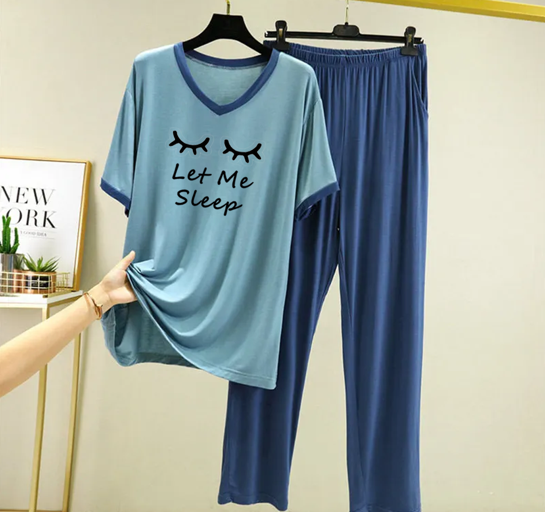 New Blue Let me sleep V Neck T-Shirt with Contrast Pocket Pajama