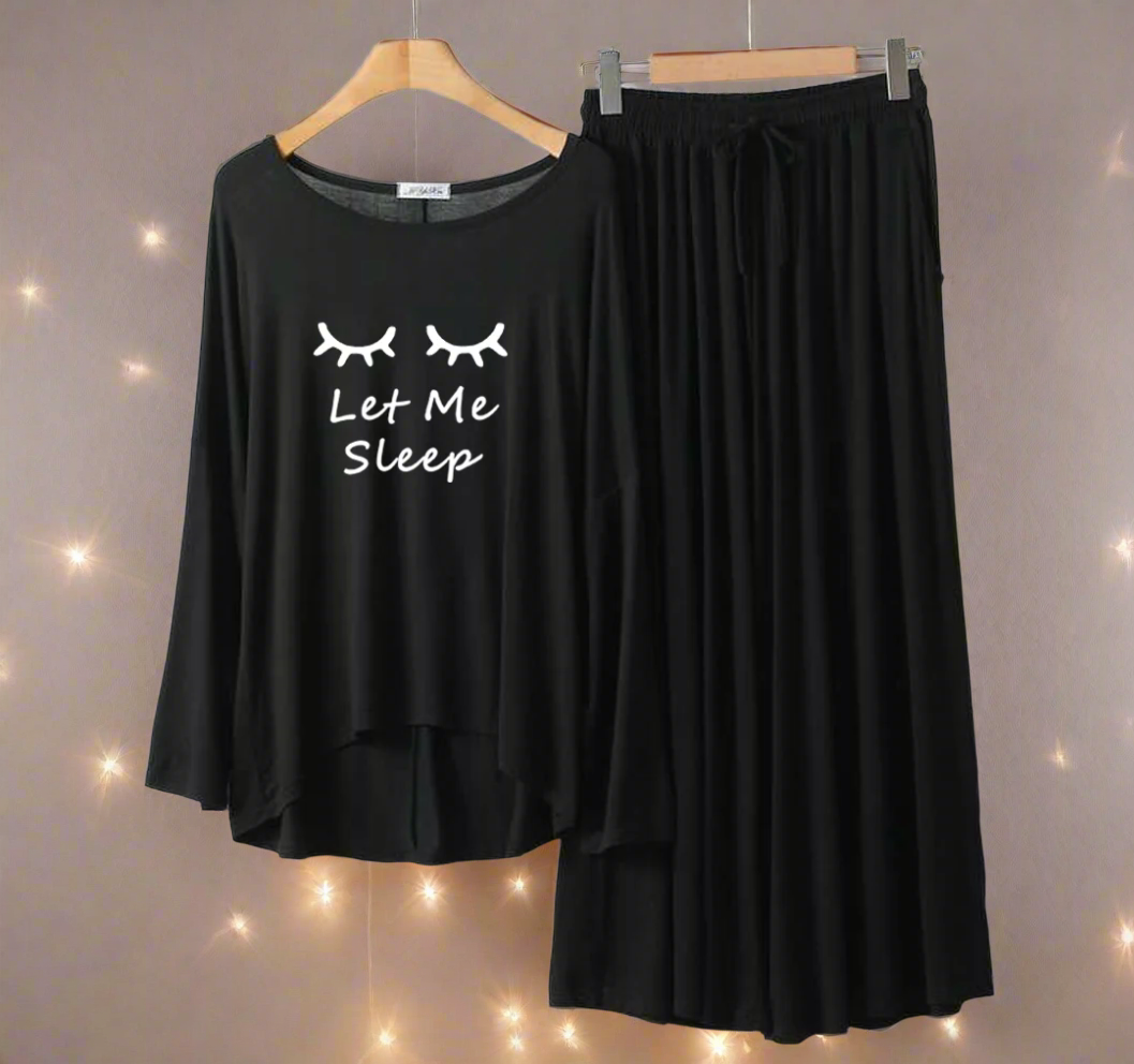 Deep Black Let me Sleep Round Neck Palazzo PJ Set