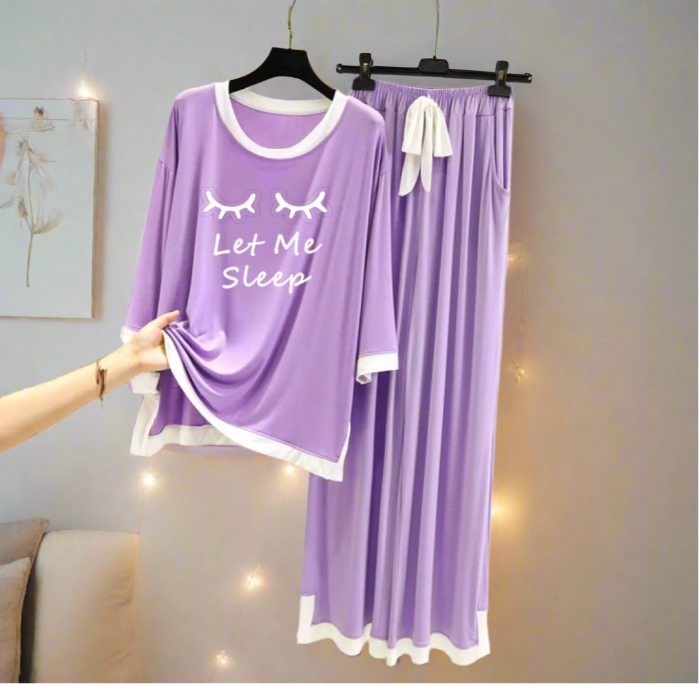 Purple Let me Sleep White Round Neck Palazzo PJ Set