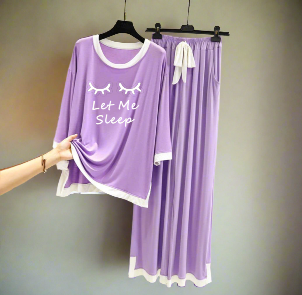 Purple Let me Sleep White Round Neck Palazzo PJ Set
