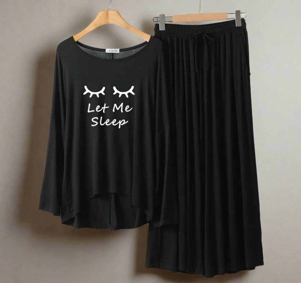 Deep Black Let me Sleep Round Neck Palazzo PJ Set
