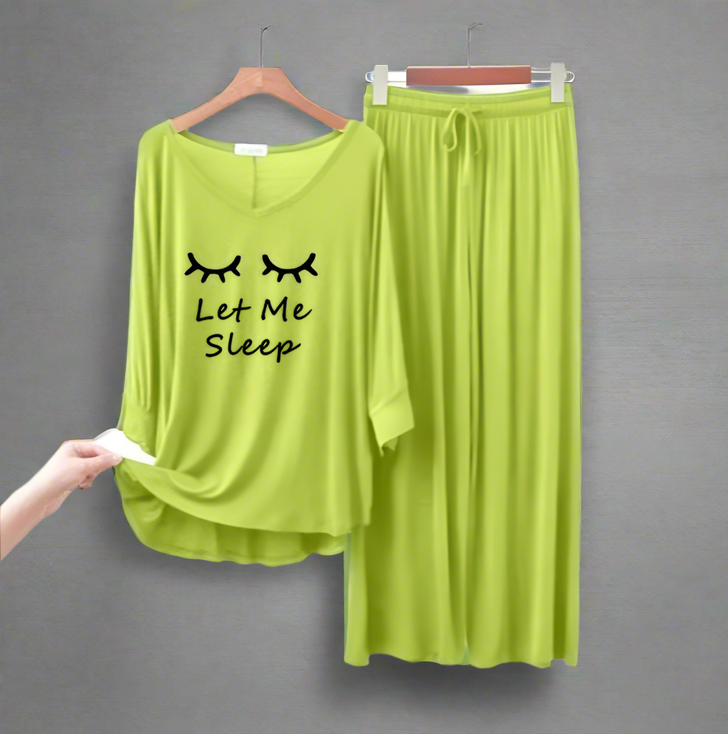 Lemon Green Let me Sleep V-Neck Women Night Suit PJ Set