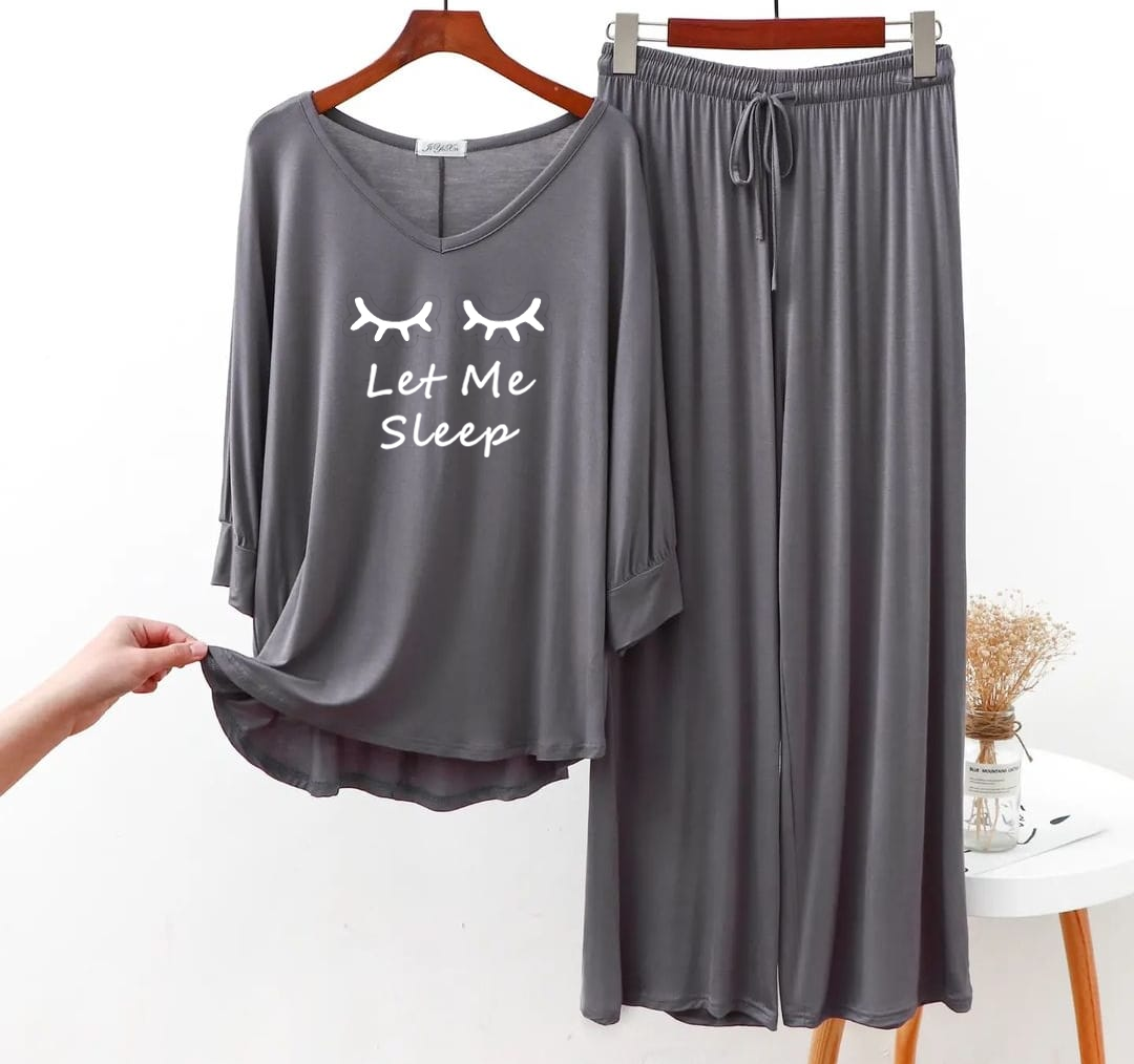 Plain Gray Let me Sleep V Neck with Plazzo Pajama Full Sleeves Suit
