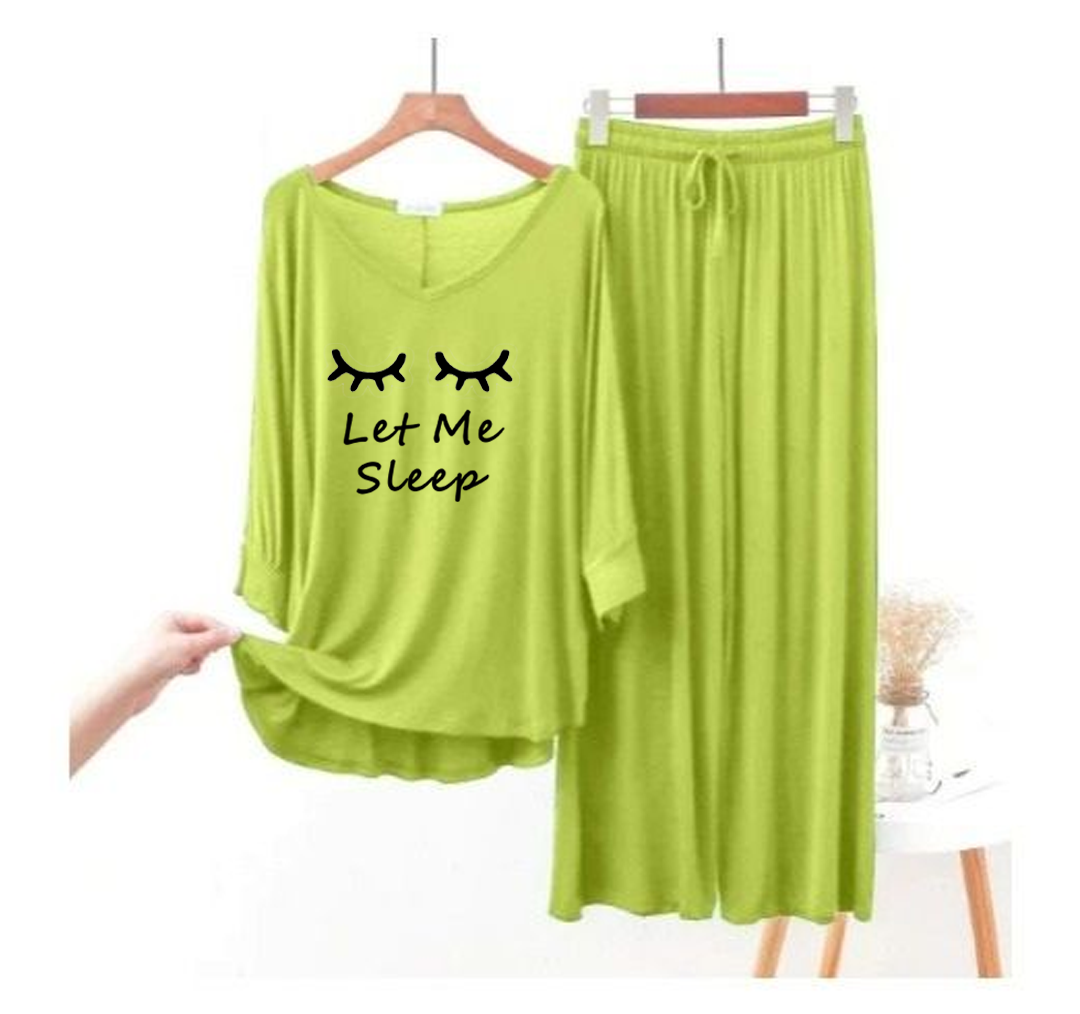 Lemon Green Let me Sleep V-Neck Women Night Suit PJ Set