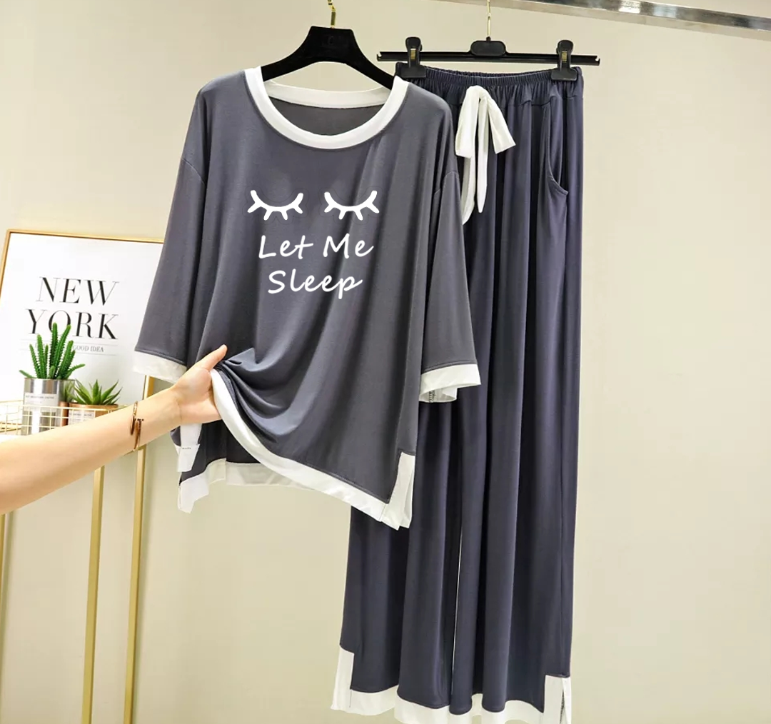 Grey White Let me sleep Round Neck Plazzo PJ Set