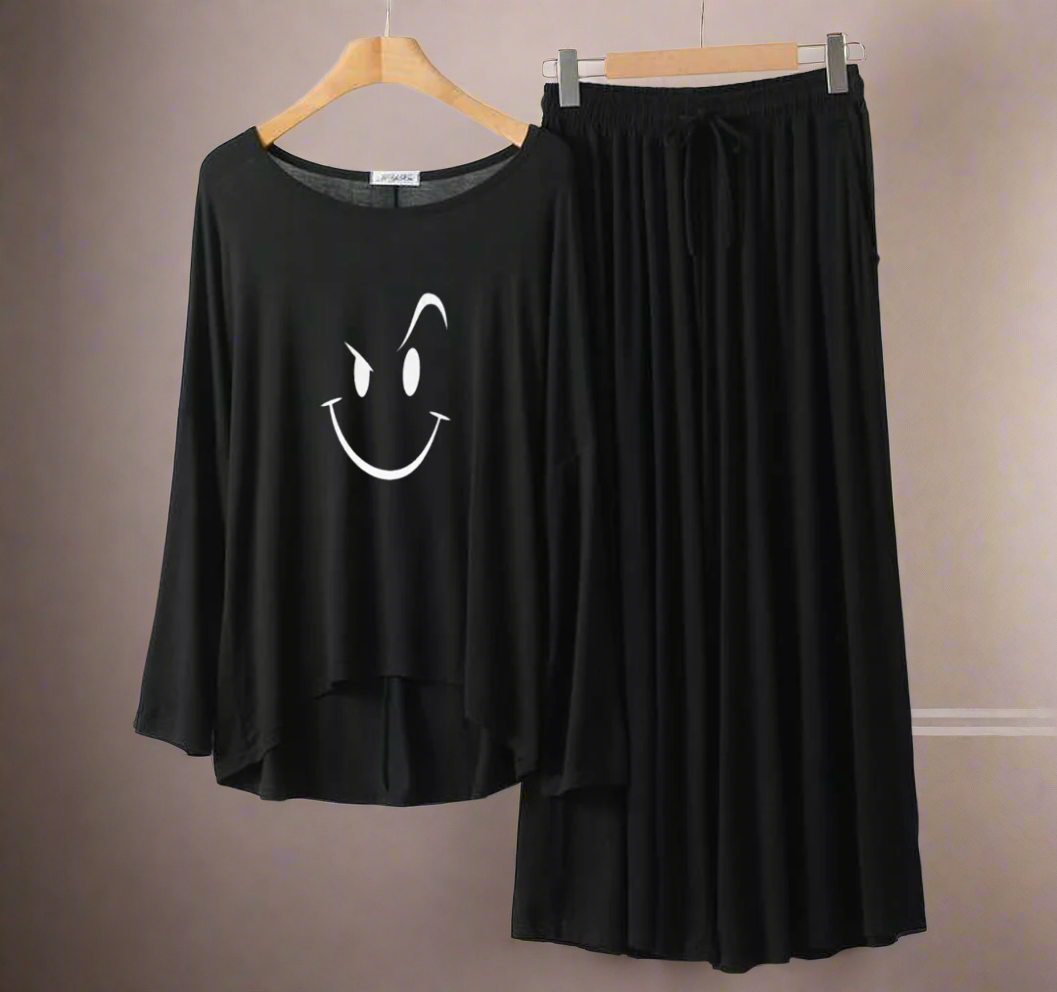 Deep Black Smiley Round Neck Palazzo PJ Set