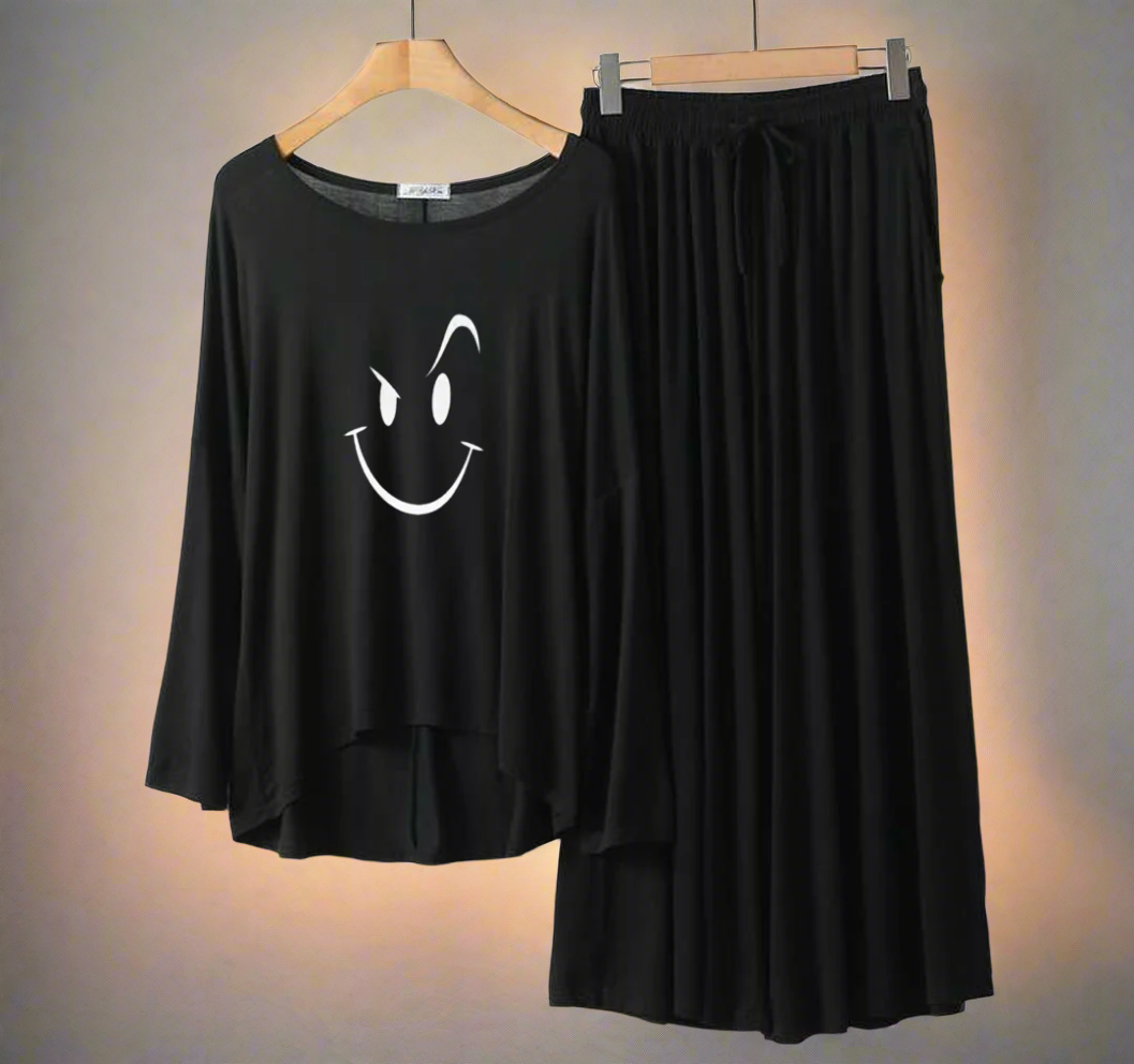 Deep Black Smiley Round Neck Palazzo PJ Set