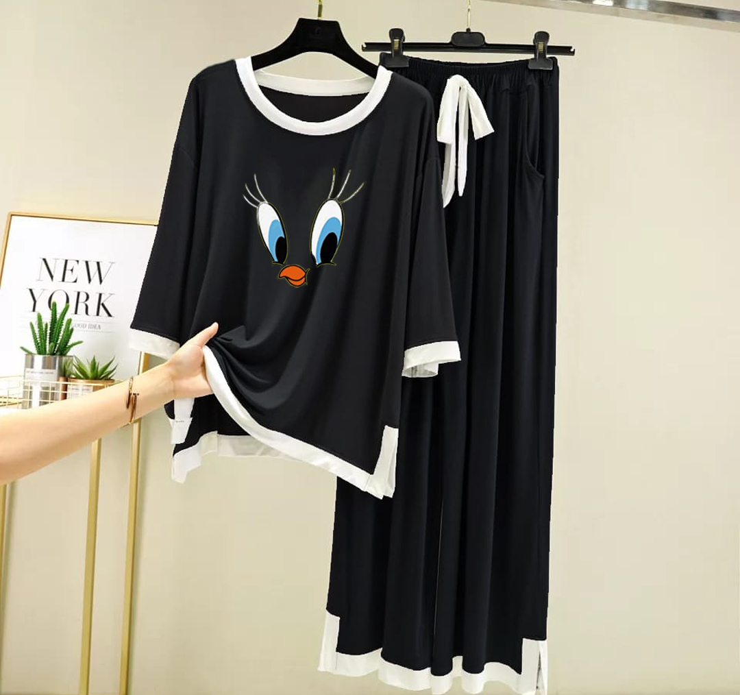 Black Dafy White Round Neck Plazzo PJ Set