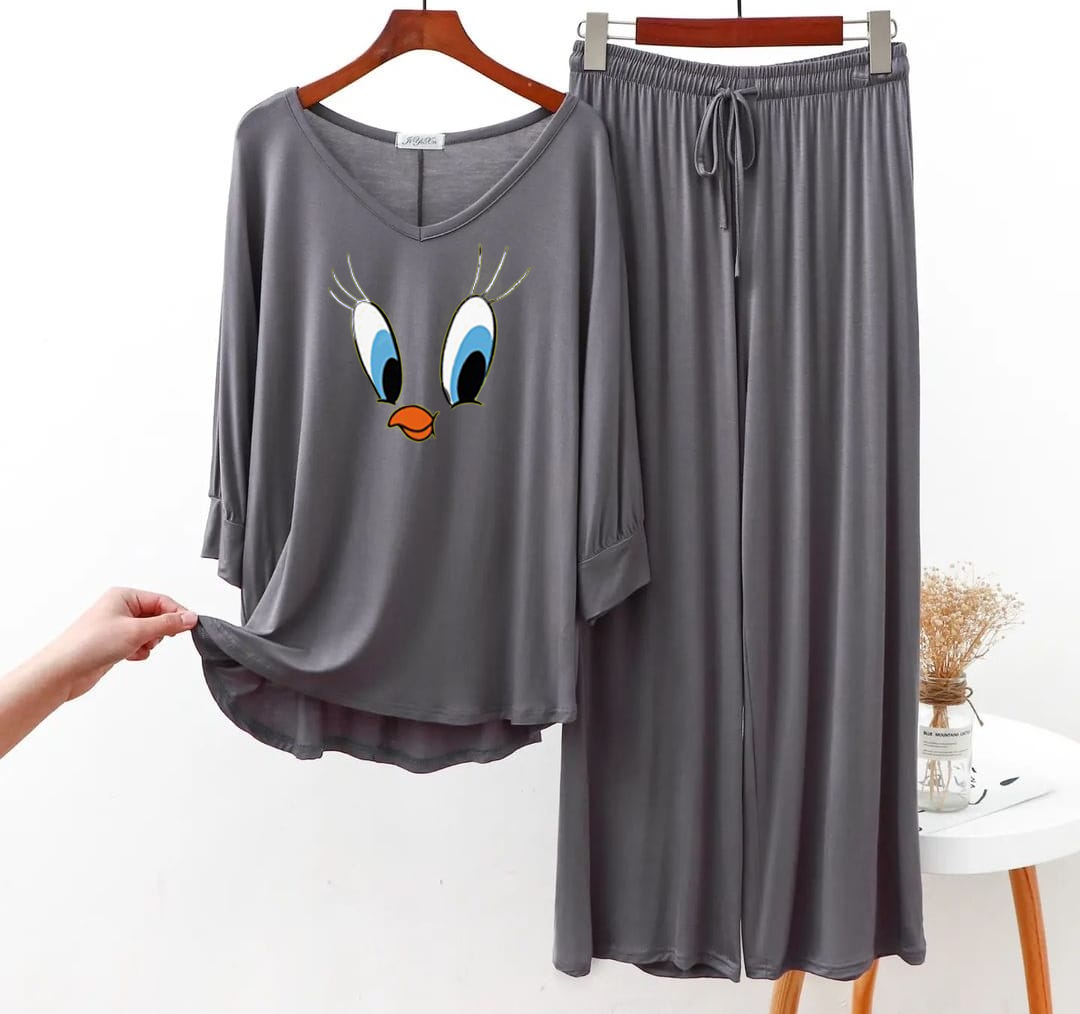 Plain Gray Dafy V Neck with Plazzo Pajama Full Sleeves Suit