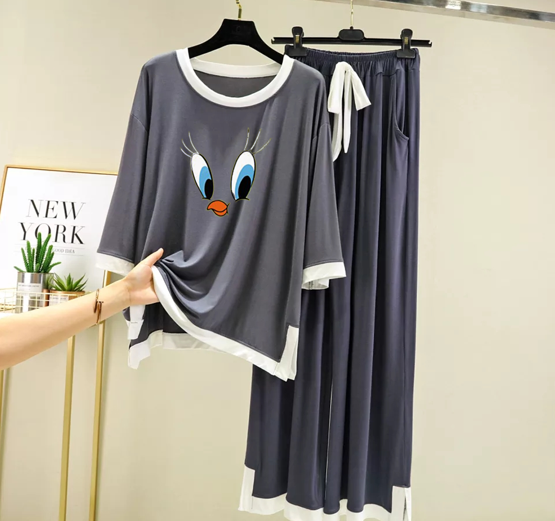 Grey White Dafy Round Neck Plazzo PJ Set