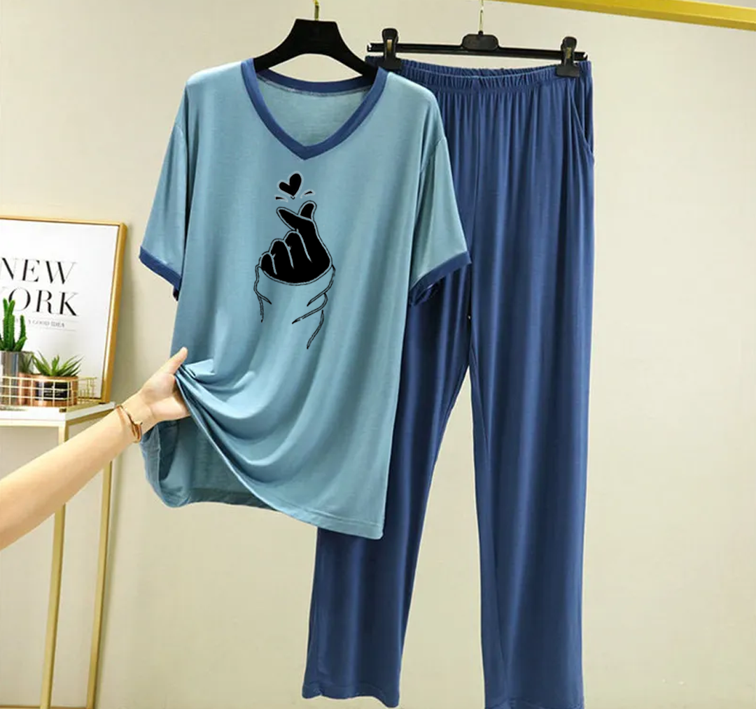 New Blue K-pop V Neck T-Shirt with Contrast Pocket Pajama