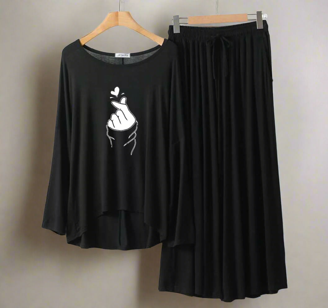 Deep Black K-Pop Round Neck Palazzo PJ Set