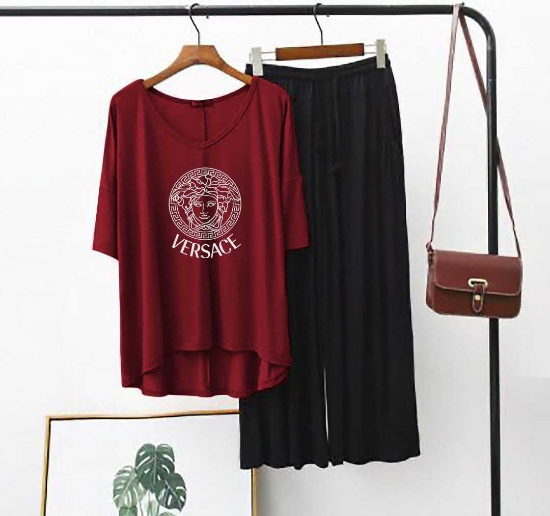Plain Red Vrsce V Neck T Shirt with Black Plazzo