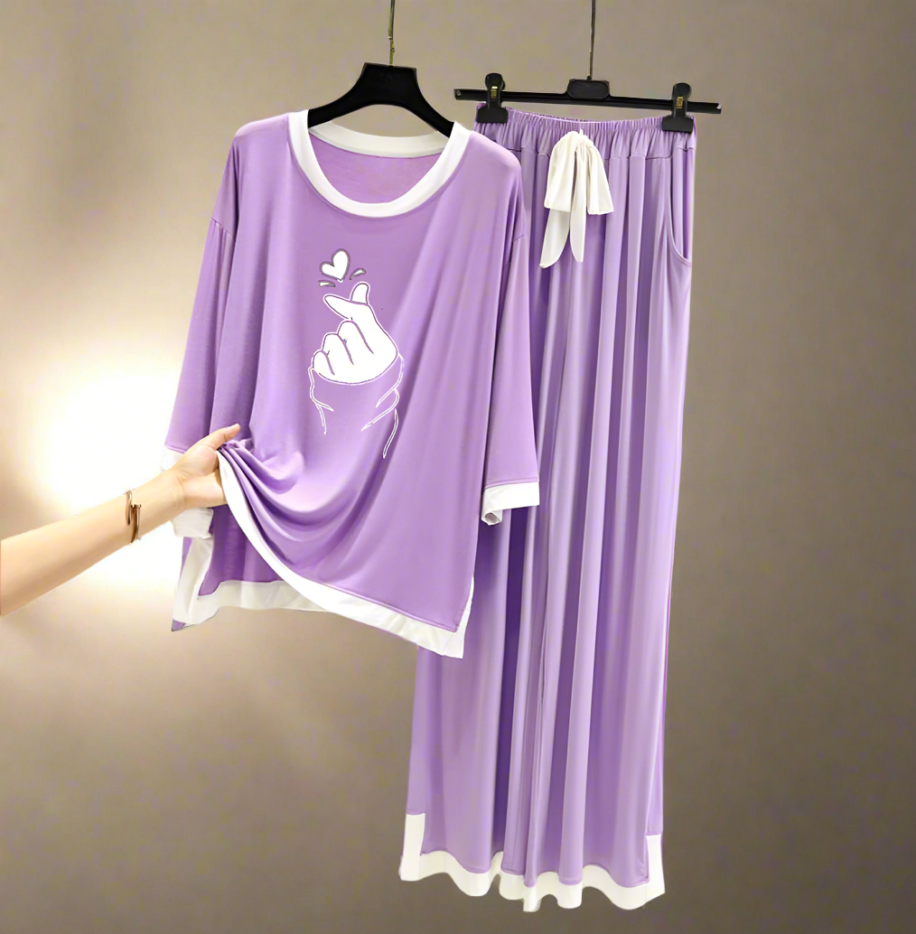 Purple K-Pop White Round Neck Palazzo PJ Set