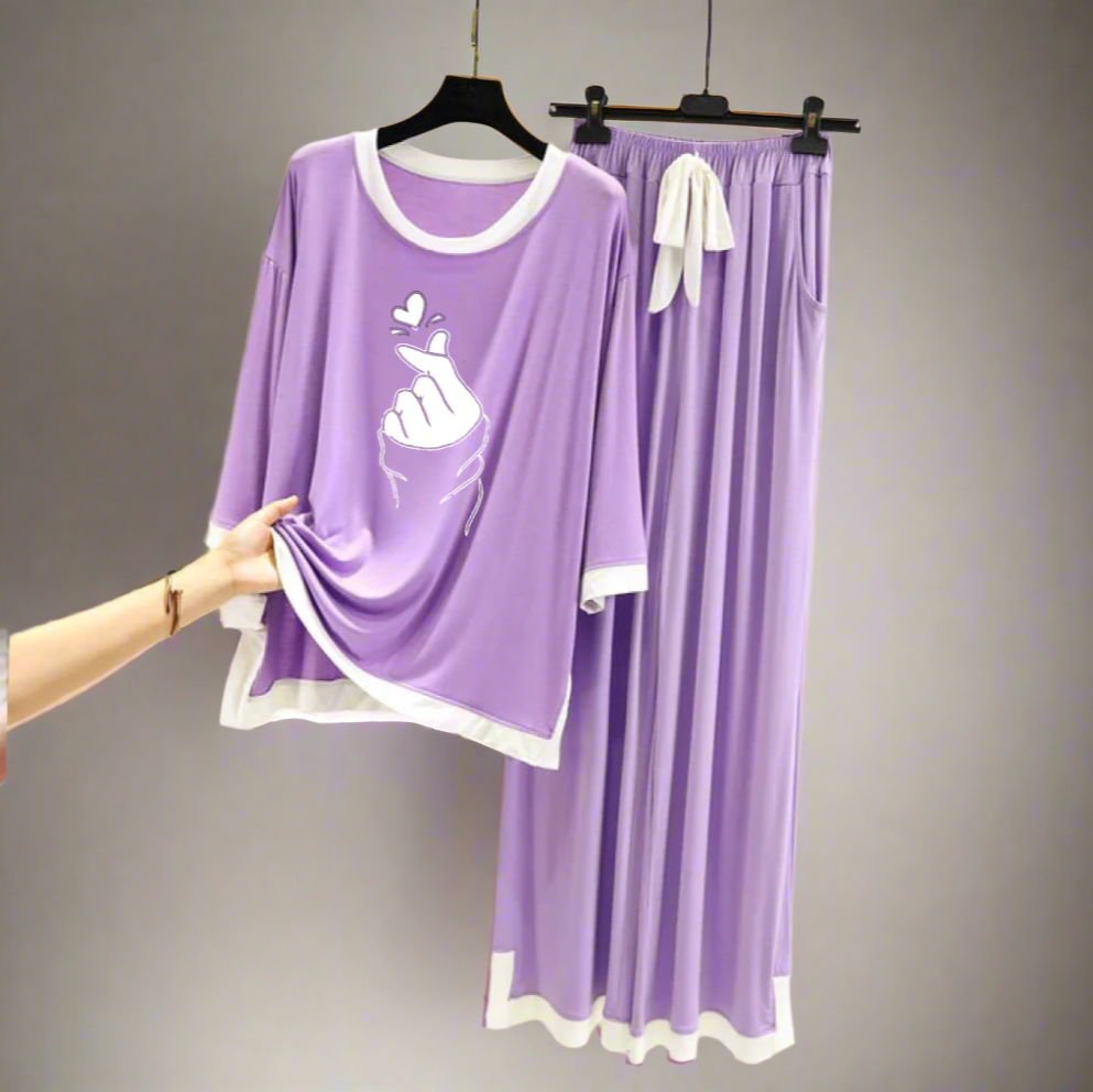 Purple K-Pop White Round Neck Palazzo PJ Set