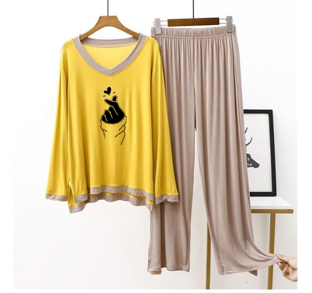 Yellow K-Pop V-Neck T Shirt with Contrast Trouser PJ Set