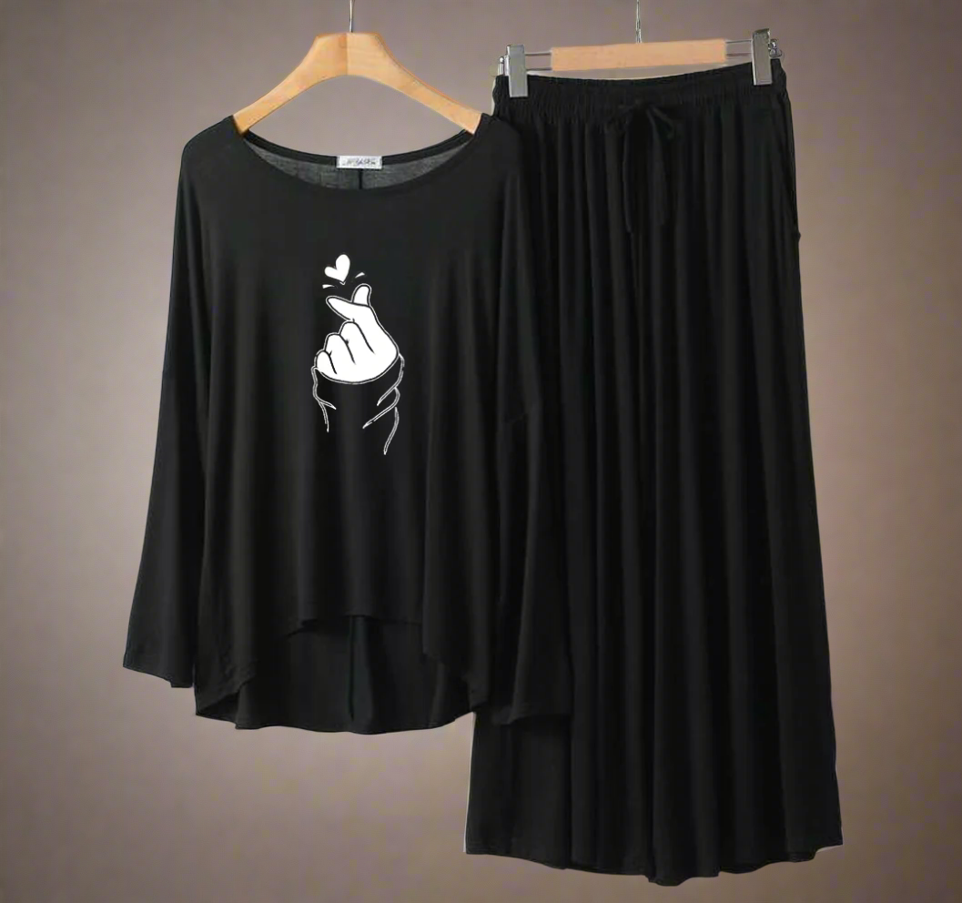 Deep Black K-Pop Round Neck Palazzo PJ Set