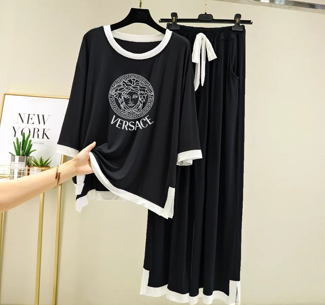 Black Vrsce White Round Neck Plazzo PJ Set