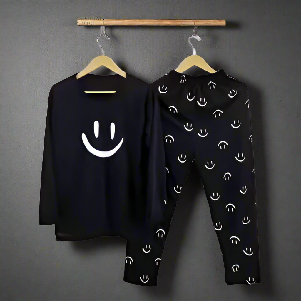 Black Smileyy 2 PC Nightwear Nightdress
