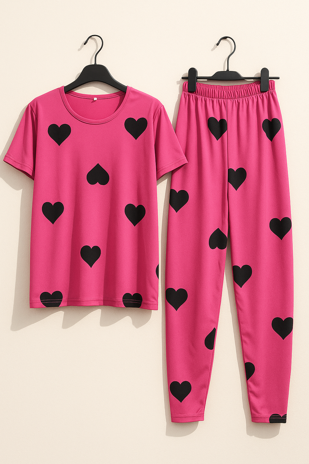 Pink Black Hearts Pattern 2 PC Nightwear Nightdress