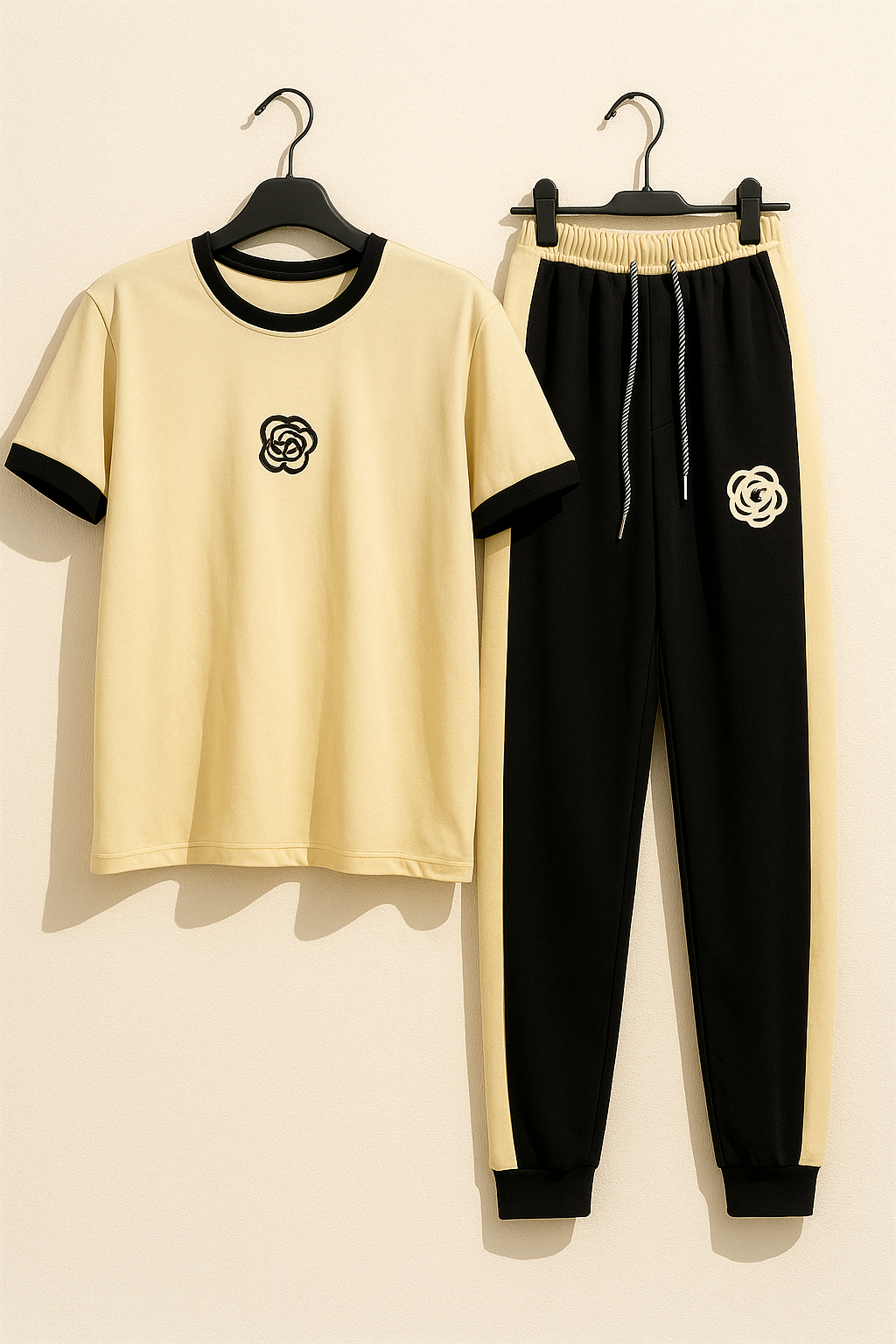 Black Flower Creamy 2 PC Nightwear