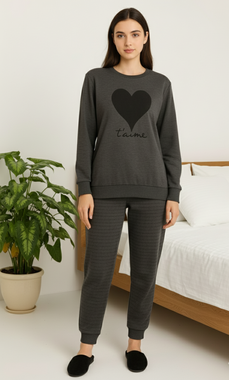 Winter Black Gray Heart Co-Ord Set Night Suit