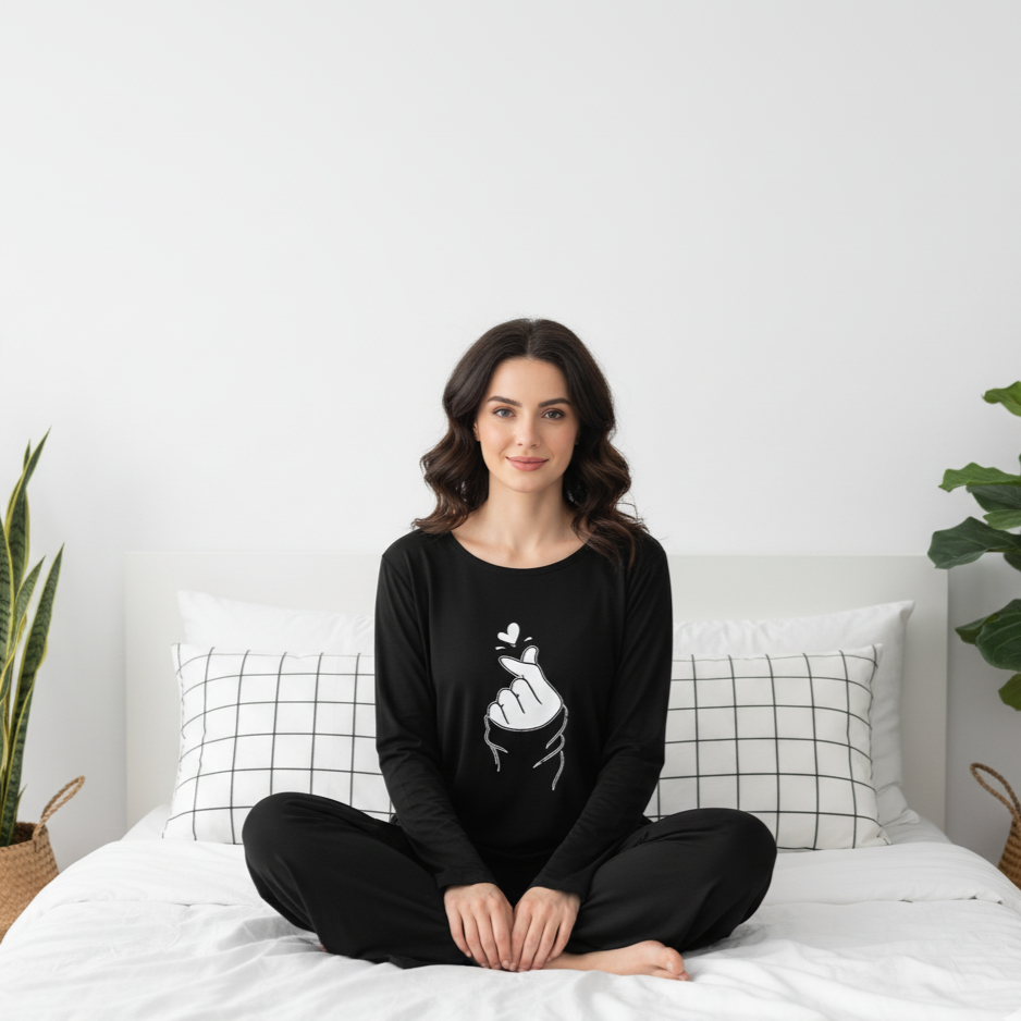 Deep Black K-Pop Round Neck Palazzo PJ Set