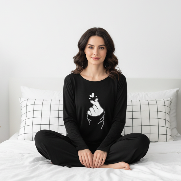 Deep Black K-Pop Round Neck Palazzo PJ Set