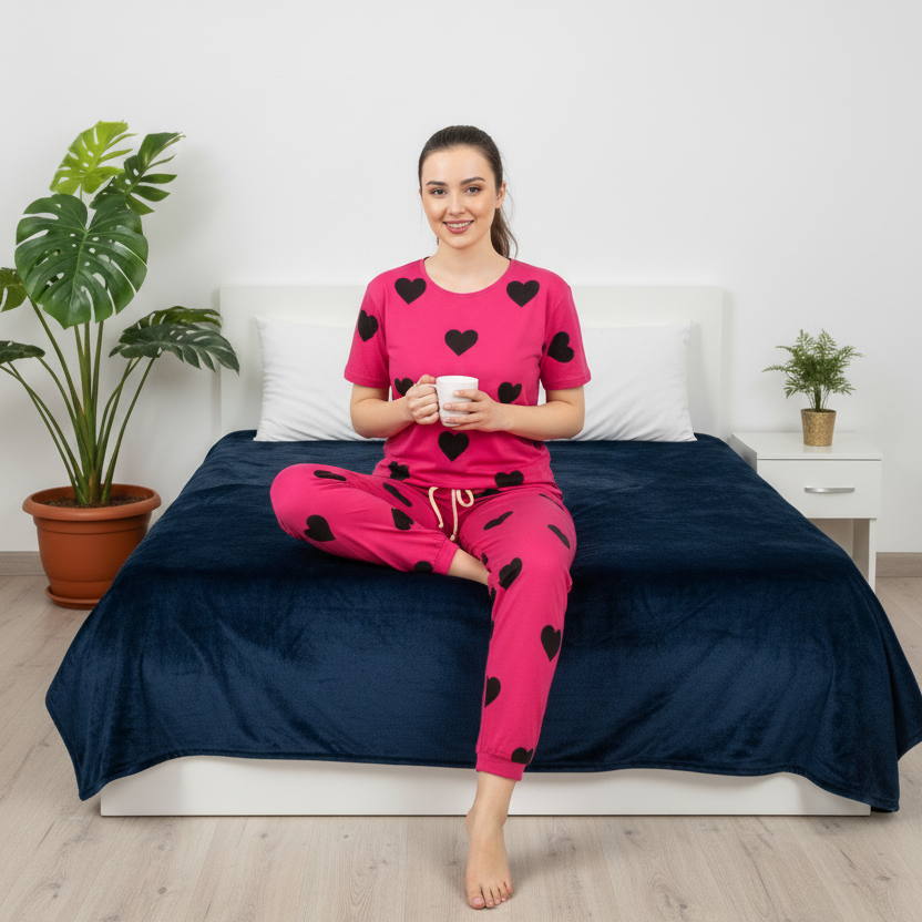 Pink Black Hearts Pattern 2 PC Nightwear Nightdress