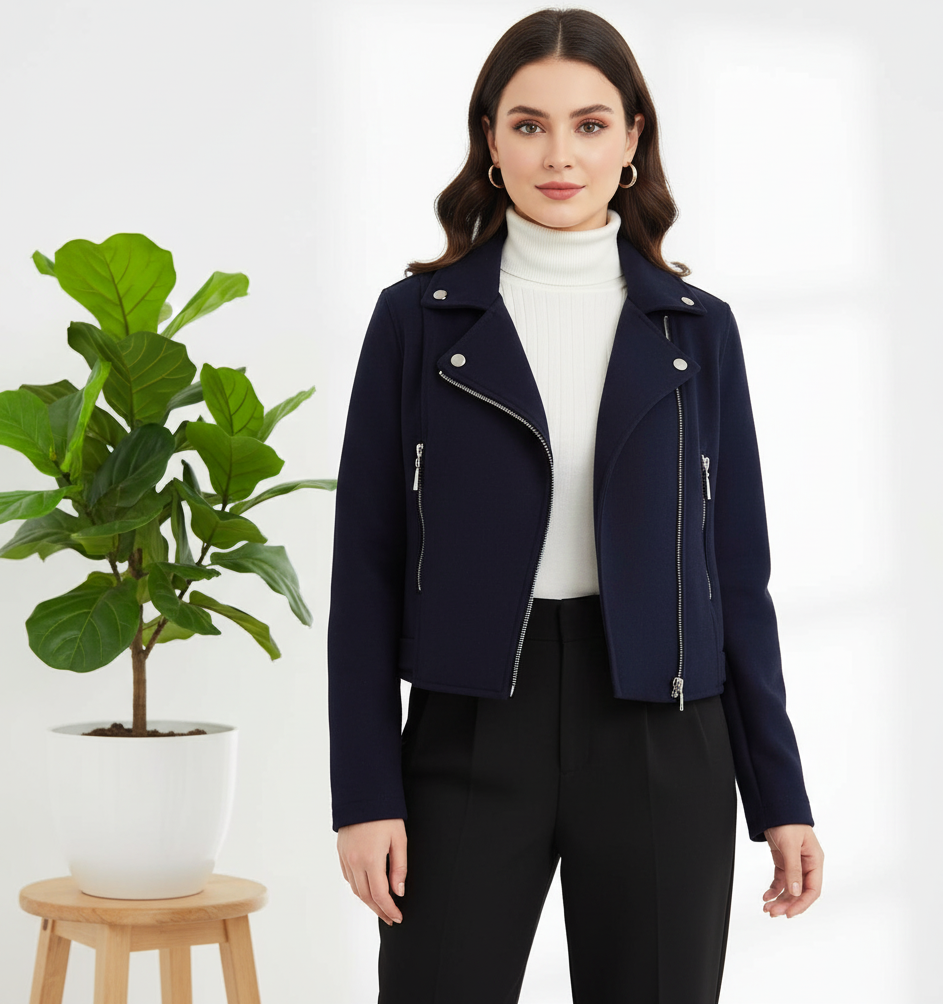 Navy Blue Zipper - Cross Zipper Fleece Coat - Navy Blue