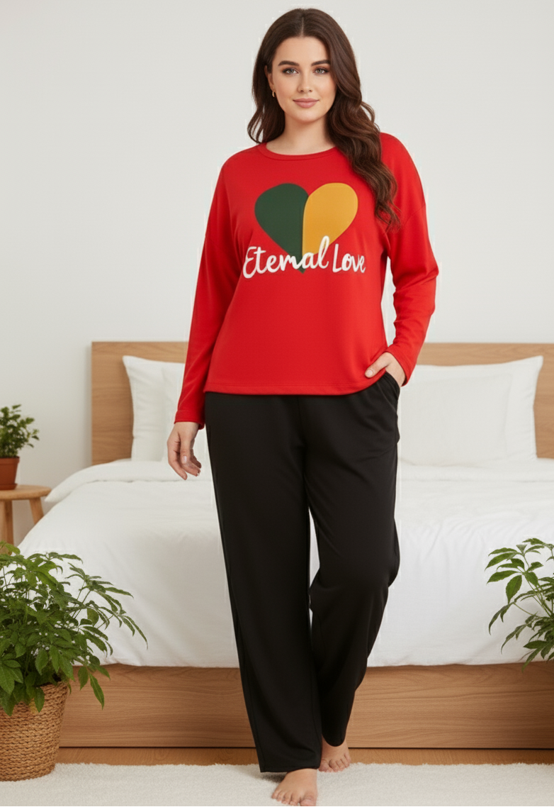 Red Eternal Love with Black Trousers Night Dress - Nightwear (with Black Trousers)