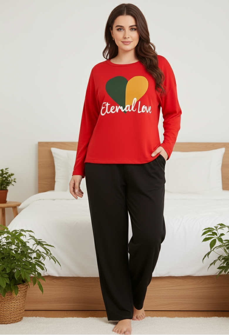 Red Eternal Love with Black Trousers Night Dress - Nightwear (with Black Trousers)