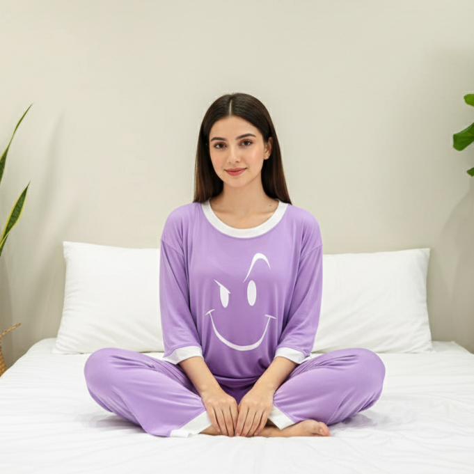 Purple Smiley Face White Round Neck Plazzo PJ Set