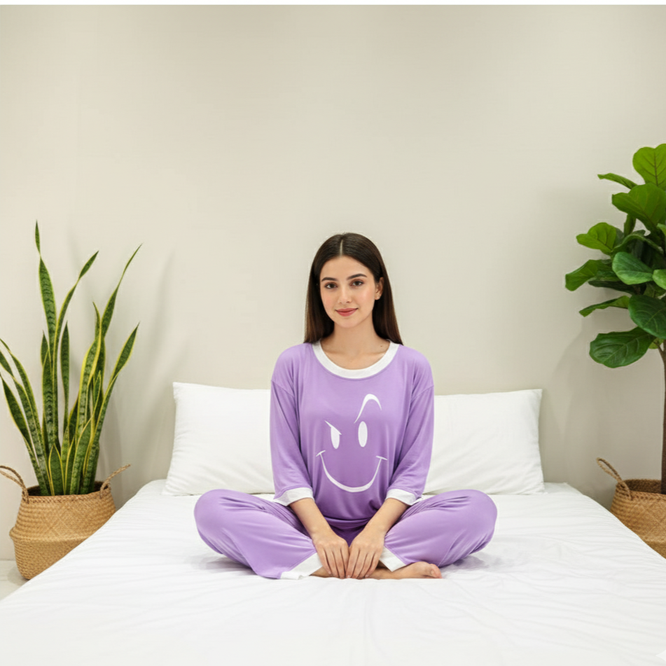 Purple Smiley Face White Round Neck Plazzo PJ Set