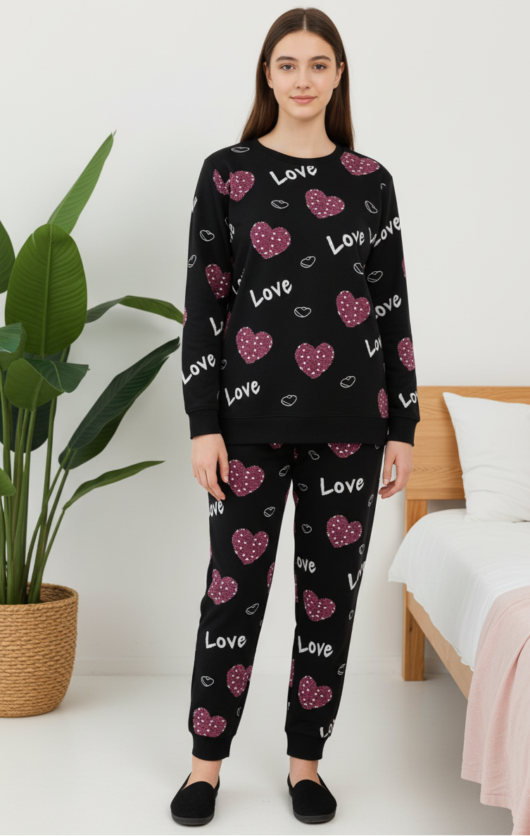 Winter Black Love Heart Co-Ord Set Night Suit